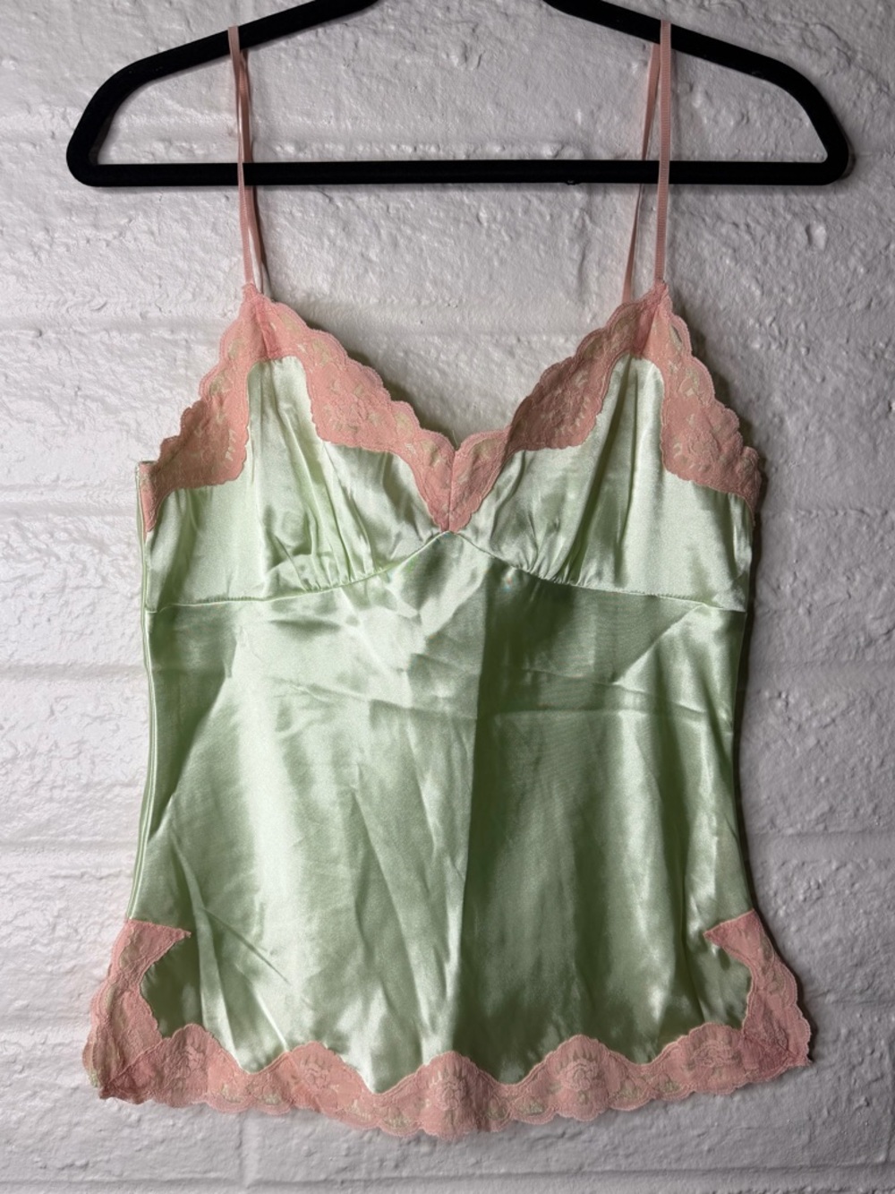 Y2K Dolled Up by Fang Lace and Satin Like Camisole Green Pink